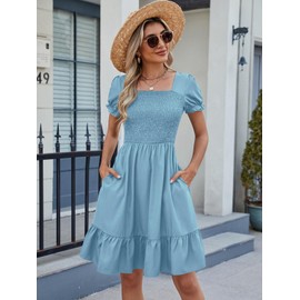 Lyrur Blue Summer Dress Short Sleeve Casual Beach Vacation Lightweight Comfy Cruise Dresses for Women (M,7036 Light Blue)