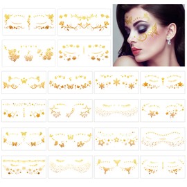 Konsait 20 Blätter Gesichtstattoo, Gold Tattoos Stern Schmetterling Blumen Erwachsene Tattoos, Metallic Tattoos für Frauen Mädchen Make-up Tänzer Kostüm Parteien