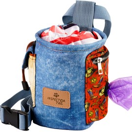 INSPECTOR TAIL Dog Treat Pouch No Spill & Easy Access w Airtight Drawstring Lightweight | Hands Free Dog Training Bag w 4 Ways to Wear | Adjustable Belt & Waist Clip | Pet Tote w Poop Bag Dispenser