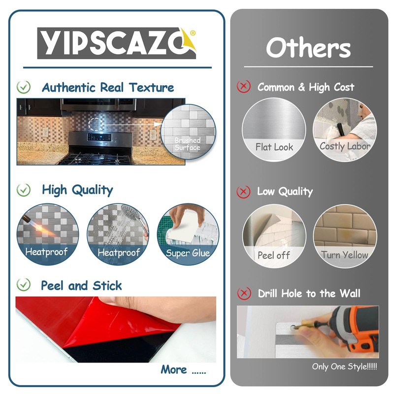 Yipscazo 20-Sheets Stainless Steel Peel and Stick Backsplash for Kitchen,