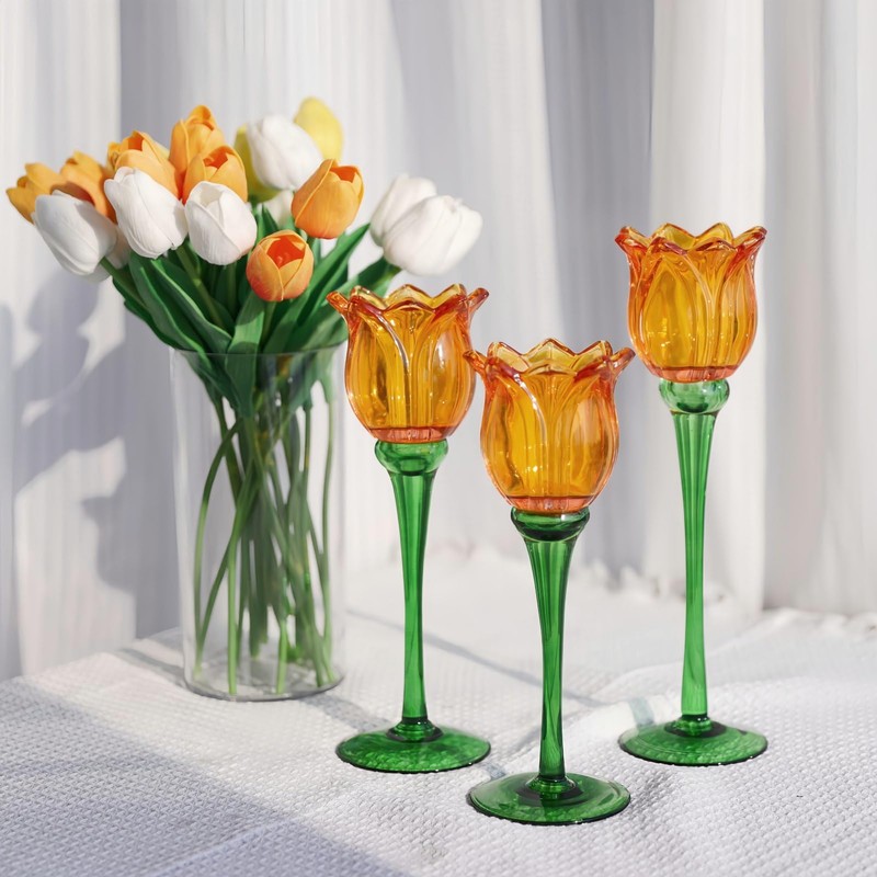 VOHO Orange Tulips Votive Candle Holders for Spring Decor, Elegant