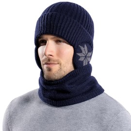 Women Winter Beanie Hat with Face Shield Peruvian Circle Scarf Set Sherpa Ski Ear Flaps Hats Fleece Lined