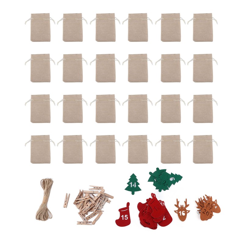 24Pcs Christmas Advent Calendar Drawstring Bags Reusable Hanging Countdown Pouch
