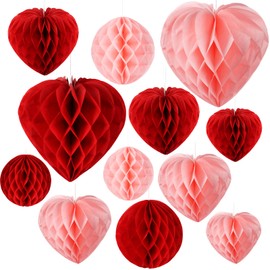 12 pcs Red Pink Paper Honeycomb Balls Valentines Decoration Kit Heart Round Valentine's Day Hanging Paper Pom Poms Honeycomb Decorations for Wedding Valentines Anniversary Party Decors