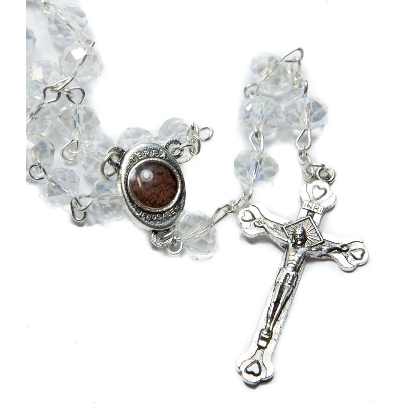 Glass Crystal CLEAR BEADS With SILVER PLATED ROSARY CROSS and