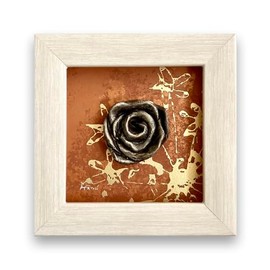Cuadro Decorativo con Rosa Metálica, Marco Blanco, Arte en Relieve sobre Fondo Marrón, 3D