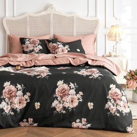 Wake In Cloud - Shabby Chic Comforter Set, Floral Farmhouse Cottagecore Vintage Colorful Pastel Spring Flowers, Soft Lightweight Bedding for Women Girls, 3 Pieces, Black Pink, Queen Size