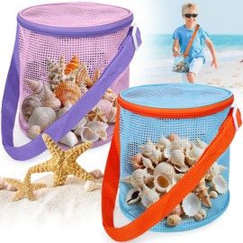 Sea Shell Bags for Beach - 2 Pack Zippered Mesh Beachcombing Bags, Shell Collecting Pouch for Kids & Adults, Travel Sand Toy Storage, Beach Vacation Essentials