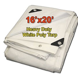 16'x20' Heavy Duty 12 by 12 Cross Weave 8-10 Mil White Poly Tarp with Grommets Approx Every 24 Inches All Around, Corner Solid Plastic Bar Reinforcement for Extra Strength