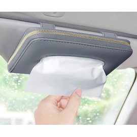 Car Tissue Holder, Sun Visor Tissue Holder, Car Visor Napkin Holder, PU Leather Backseat Tissue Case Holder for Car Vehicle with Zipper Hanging Paper Towel Case Car Accessories (Grey)
