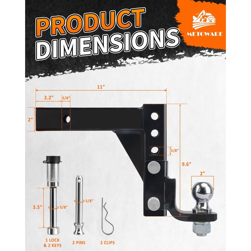 METOWARE Adjustable Trailer Hitch Ball Mount, 2" Towing Ball 7500