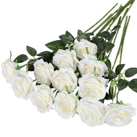 Hawesome 12PCS Artificial Silk Flowers Realistic Roses Bouquet Long Stem for Home Wedding Decoration Party (12PCS-Cream White 1)