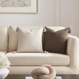 Meekio Set of 2 Light Beige Pillow Covers 22 x 22 inches Neutral Pillow Covers Textured Throw Pillow Covers with Tassels for Neutral Home Decor