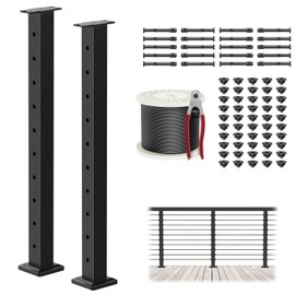 PLANTOP 4-12ft Complete Set 35" Stainless Steel Cable Railing Post Kits, 2 Pack Black Top Mount Level Line Post with Grommets for Deck Railing Systems, 80ft Wire Rope, Indoor & Outdoor Use, MY07-LP
