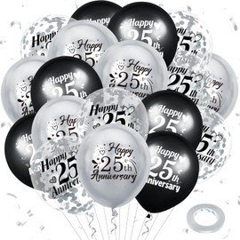 25th Anniversary Balloons 18Pcs Black Silver 25th Anniversary Party Decorations for Women Men Black Silver 12Inch Happy 25th Anniversary Confetti Latex Balloons for Indoor Outdoor Party Supplies