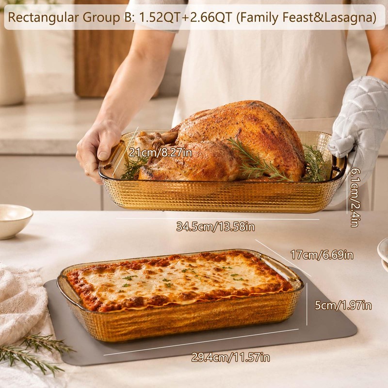 2 Glass Baking Dishes for Oven, Freezer-to-Oven Safe, 13.6x8.3in 11.6x6.7in