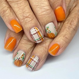 24Pcs Fall Square Press on Nails Short Thanksgiving Fake Nails with Pumpkin Grid Design Orange False Nails Artificial Acrylic Nails Press ons Autumn Pumpkin Design Reusable Stick on Nail for Women