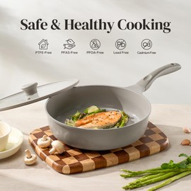 Redchef Deep Ceramic Frying Pan with Lid, Nonstick Saute Pan Cookware All Cooktop Compatibility, Stay-Cool Handles, PFOA Free, Healthy Coating, Tempered Glass Cover, Even Heat, Grey (3.7Qt, 10")