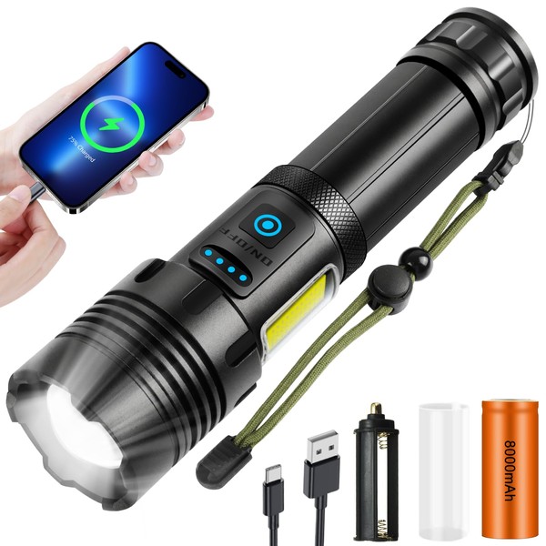 LED Taschenlampe Aufladbar, Extrem Hell 100000 Lumen Taschenlampen, USB-C Aufladbar