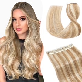TESS Real Hair Extensions Clip in One Pieces 10 inch Straight Human Hair Extensions with U-shape 6-teeth Snap Clip 12/613 Golden Brown Mixed Bleach Blonde