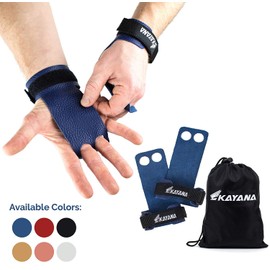 KAYANA - Puños de piel para gimnasia con 2 agujeros, protección de la palma y soporte de muñeca para entrenamiento cruzado, pesas rusas, dominadas, levantamiento de pesas, dominadas, entrenamiento y ejercicio (azul, talla XS)