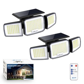 JEJOT Solar Security Light Outdoor Super Bright LED w/Remote Control, Radar Motion Sensor Solar Powered Flood Light, 3 Heads 270° Wide Angle, IP65 Waterproof, 3 Modes (2 Packs)
