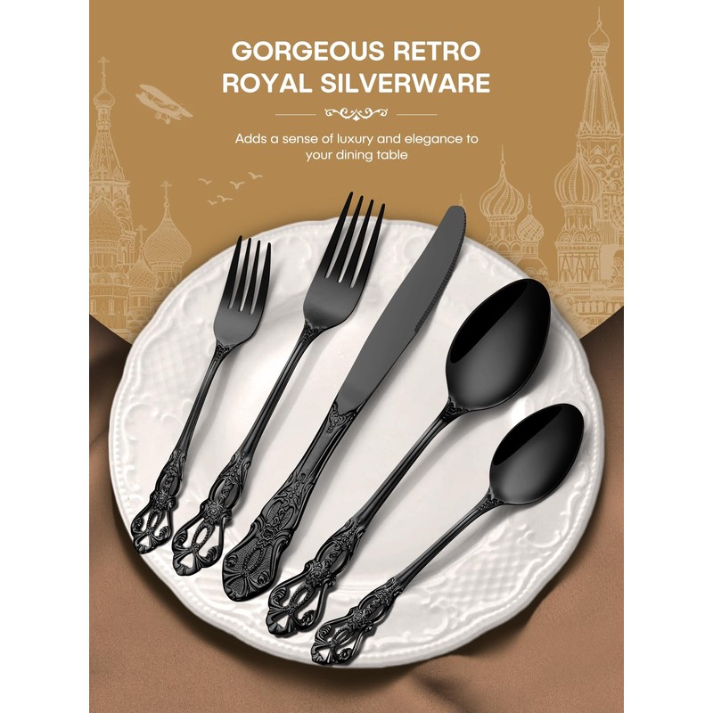 Stapava 48 Pcs Black Silverware Set with Steak Knives, Gorgeous