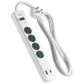 KMC 4-Outlet Surge Protector Power Strip, 1 USB-A & 1 USB-C Port, Power Strip Surge Protector, 840J Surge Protection, 5ft Extension Cord, 3-Prong Low-Profile Flat Plug, UL/ETL Certified, White