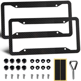 OLLEN Aluminum License Plate Frames for Front & Rear, 2 Pack Heavy Duty Rust Proof Car Tag Holder, with Mount Hardware, Screws Caps, 8 Rattle Proof Pads, Screwdriver, Carbon Fiber Pattern