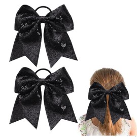 Large Black Sequin Glitter Cheer Hair Bows,Sparkly Bows Ponytail Holder Elastic Band for Cheerleading Teen Girls College Sports (Black)