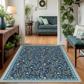 Vintage Blue Floral Area Rug 5x7, Soft Machine Washable Boho Rugs for Living Room Bedroom, Non Slip Low Pile Stain Resistance Indoor Retro Floor Carpet for Farmhouse Dining Room Office (5x7 Blue)