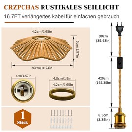 Crzpchas Retro Hanfseil Pendellampe Kit, 510cm Vintage H?ngelampe mit Stecker, E27 Lampenfassung mit Kabel, Gewebten Lampenschirme H?ngelampen,Messing Fassung Fr Esstisch Kche Loft Bar,Ohne Glhbirne