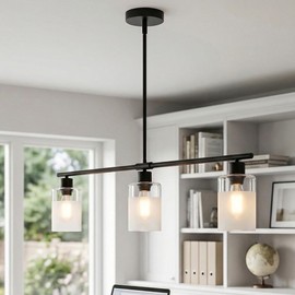 LMSOD 3-Light Kitchen Island Lighting, Modern Black Linear Chandelier with Frosted and Clear Glass Shades, Industrial Pendant Light Fixture for Dining Room, Pool Table