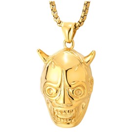 COOLSTEELANDBEYOND Mens Gold Oni Mask Necklace, Japanese Demon Face Pendant in Steel, Bold Gothic Samurai Biker Jewelry