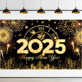 2025 New Year's Eve Banner Decoration 180 x 110 cm, XXL New Year Background Banner Black Gold, Happy New Year Banner 2025, for New Year's Eve Decoration 2025