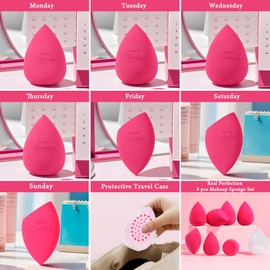 Real Perfection Makeup Sponge Set Blender Sponges, Latex-Free Beauty Sponges 7 pcs with 1 Travel Container Case for Blending Foundation Liquid Cream and Powder (Rose Red)
