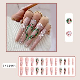 Christmas Press on Nails Long Coffin Winter Fake Nails Pink Matte Full Cover White Snow False Nails with Holly Designs Rhinestones Glue on Nails Acrylic Manicure Artificial Nails for Women Girls 24Pcs