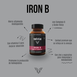 Iron B - Suplemento de Hierro con Vitamina C, Grupo B y Zinc - Frasco de vidrio con 60 Cápsulas - Suministro para dos meses de consumo
