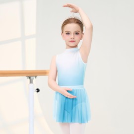 JiAmy Ballet Leotards for Girls 4 Pcs with Removable Skirt Gradient Color Dance Dress Outfit Combo Tights Scrunchy 4-5T,Blue