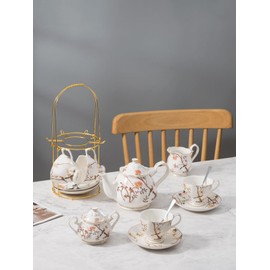 Jusalpha Fine China Bird Tree Pattern Coffee Cup/Teacup Set, 8 OZ Cups& Saucer Service for 4, with Teapot-Sugar Bowl-Cream Pitcher Teaspoons and tea strainer for Tea/Coffee, 17-Pieces (Bird Tree)