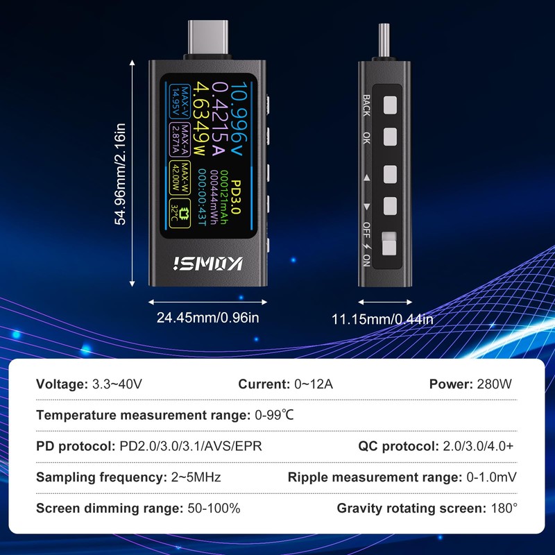USB Tester 3.3V-40V Heemol 12A USB C Meter, Digital Multimeter
