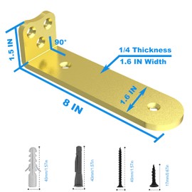 Eurydice Heavy Duty Floating Shelf Brackets, 1/4 inch Thick L Brackets, (8 in 6 Pack Gold), Holds 200 lb, Rounded Arc Edge, One-Piece, 3 Hole Mounting for Wood Shelves in Kitchen, Garage, Office, DIY
