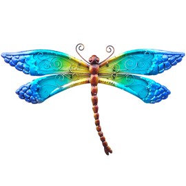 POXOHO Handmade Metal and Glass Dragonfly Wall Decor - Outdoor Garden Fence Art - 15 * 8.6 inches Rustic Scenic Wall Art for Patio, Bedroom, Bathroom Vivid Hanging Decoration