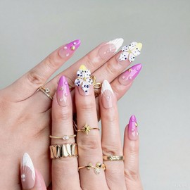 Handmade Press on Nails Purple Gradient Fake Nails French Tip Multi-Layer Gel Acrylic Nail with 3D White Flower & Pearl Designs Full Cover Medium Almond Stick on Nails for Women Nail Art（Size M)