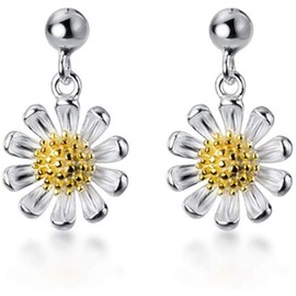 Daisy Flower Dangle Drop Stud Earrings S925 Sterling Silver Dianty Ball Flower Dangling Charm Earring Studs Fashion Jewelry Delicate Gifts for Women Girls Birthday Hypoallergenic