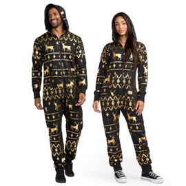 Tipsy Elves Christmas Onesies for Adults - Comfy Unisex Matching Holiday Jumpsuits with Convenient Pockets - Cozy Black Golf Foil Fair Isle Reindeer Christmas Jumpsuit Size Small