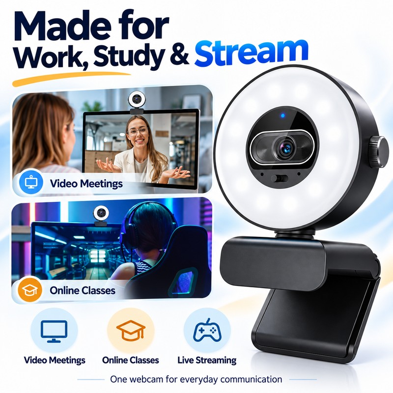 4K Webcam with Ring Light for Video Calls – 1080p