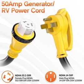 25FT 50 Amp Generator Cord, NEMA 14-50P/SS2-50R Heavy-Duty 4 Conductors Cable, Pure Copper STW RV Extension Cord, Female Plug with Twist Lock, Suitable for RV or Camper, ETL Listed