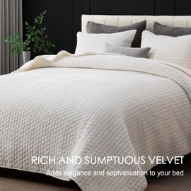 Powdion Velvet Quilt Queen Size, Oversized Bedspread Quilted Bedding Set, Luxurious Soft Coverlet Set Lightweight Velvet Comforter for All Season with Pillow Shams, Striped, Full/Queen, White