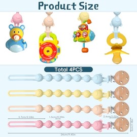 Dummy Clips Silicon Easy to Clean: 4 PCSPacifier Clips Portable and Easy to Carry,Dummy Chain and Teether 2-in-1 Design,Mam Soother Clips Cute BPA Free